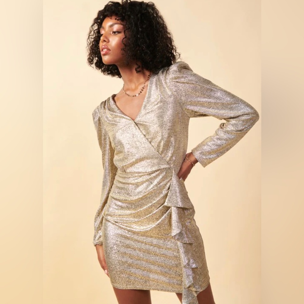 Champagne V-Neck Lng Slv Ruffle Dress